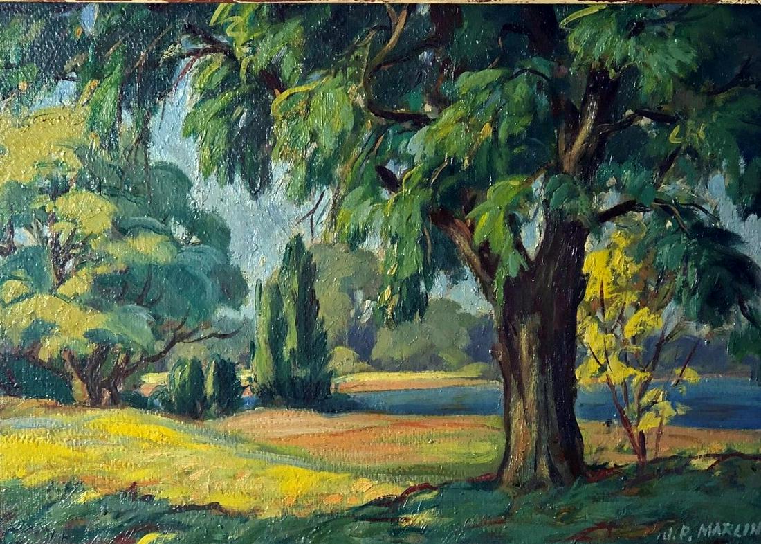 J.P. MARLIN LANDSCAPE PAINTING: Oil on board; signed lower right; framed; image- 13 1/2” x 19”; VG