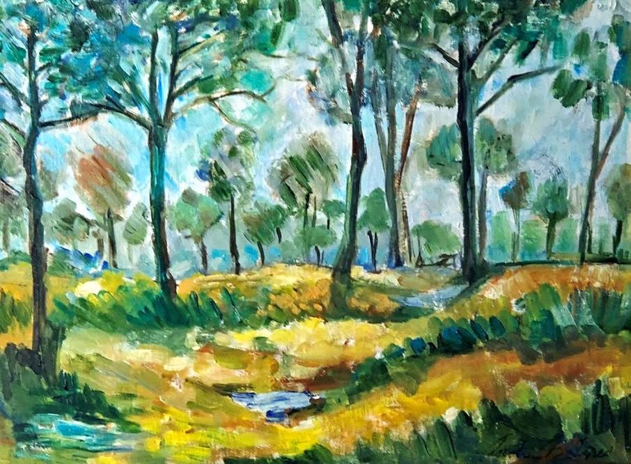 ANDREW B. JONES LANDSCAPE PAINTING: "Georgia Quail Country"; oil on artist board; signed Andrew B Jones 1989; framed and matted; image- 11 ½” x 15 1/2”; VG-EX