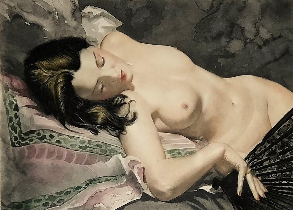 WOMAN NUDE ENGRAVING: Signed illegibly in pencil lower right; Octave Bernard identification at top; framed and matted; image- 19 1/2” x 15 1/2”; VG-EX