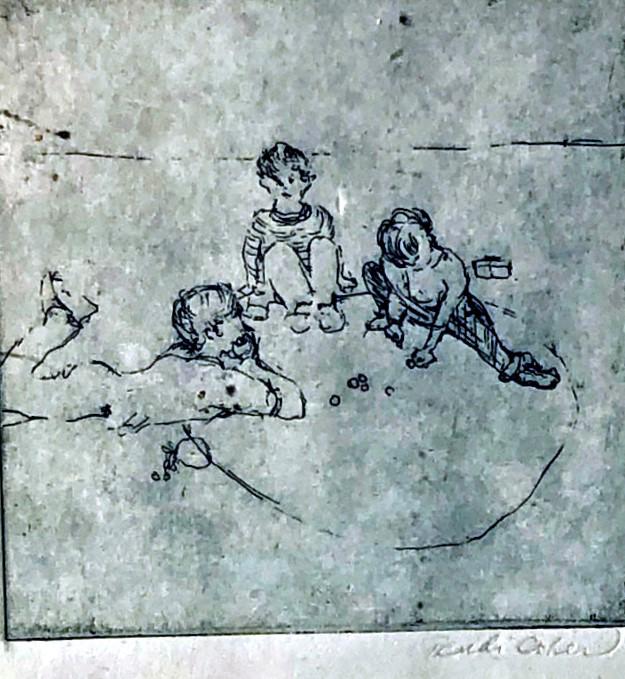 TRUDO COHEN CHILDREN ENGRAVING: Child playing marbles; etching signed in pencil lower right; Purnell Gallery label; slight edge toning; framed and matted; image- 4” x 4”; G-VG