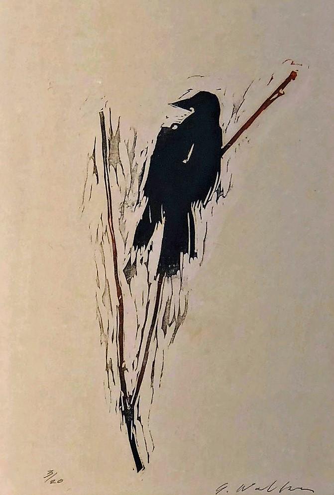 CROW WOODBLOCK PRINT: Signed G Walker 3/20; framed and matted; image- 14 1/2” x 10”; VG-EX