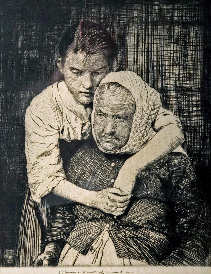 WILLIAM LEE HANKEY PORTRAIT ETCHING: Young and old woman; signed Purnell label in pencil and seal; framed and matted; image- 12” x 9 1/2”; VG-EX