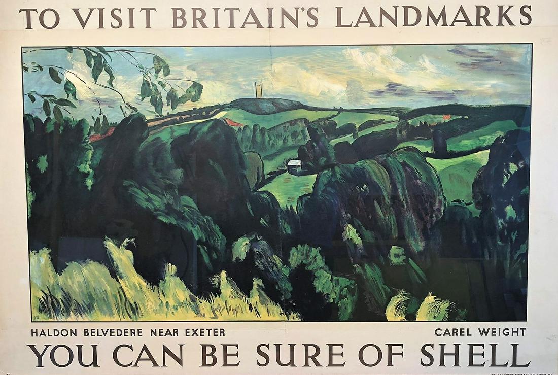 SHELL GAS ADVERTISEMENT POSTER: Britain landmarks; lithograph by Carel Weight; framed; image- 30” x 44 1/2”; VG-EX