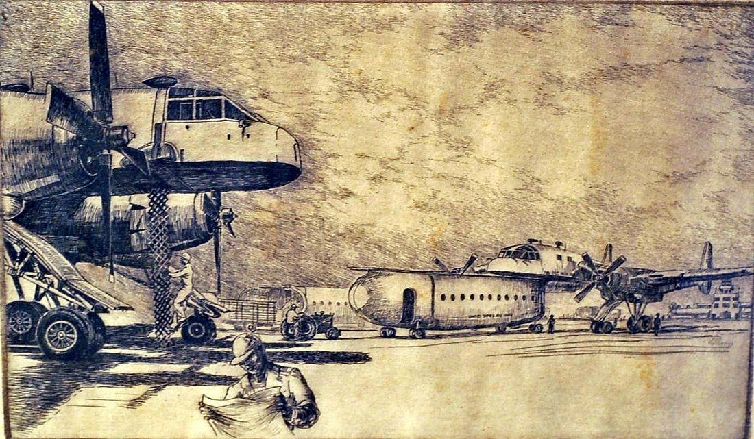 KENT HAGERMAN ETCHING (2): (1) Fairchild XC-120 pack planes, 160/? signed in pencil; framed and matted; 6 1/2” x 10 3/4”; (1) “Korea 1951” etching; first state (?) signed in pencil; framed and matted; 6 1/2” x 10 3/4�