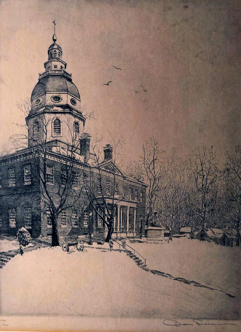 DON SWANN ETCHING: “The State House, Annapolis MD”; limited edition number 190/300 signed artist proof; significant toning; framed and matted; image- 14 1/2” x 11 1/2”; F