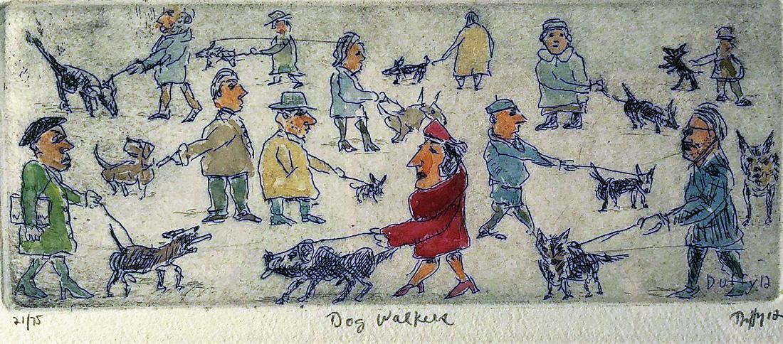 STEPHEN FRANCIS DUFFY: “The Dog Walker” etching; limited edition hand numbered 21/75 and hand signed Duffy 12 lower right; framed and matted; image- 3” x 6 1/2”; VG-EX