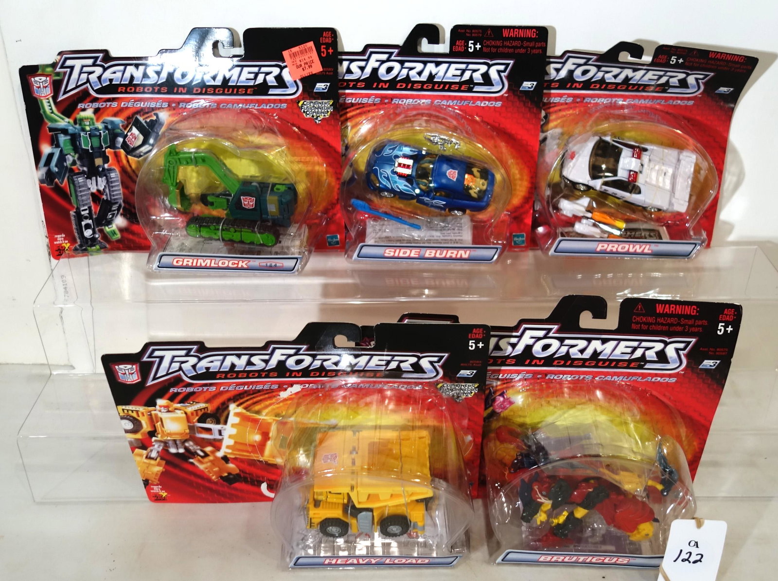 (5) TRANSFORMERS: 2001; Hasbro; (1) "Grimlock"; (1) Side Burn"; (1) "Prowl"; (1) "Heavy Load"; (1) "Bruticus"; OB's; unopened; H-9"; W-12"