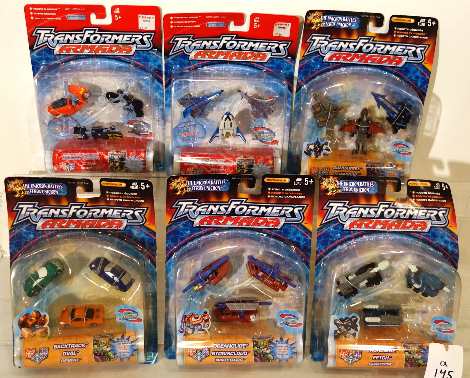 (6) TRANSFORMERS: 2002-2003; Hasbro; Armada 3 Packs; (1) "Grinder/Highwire/Surechock"; (1) "Jetstar/Runway/Sonar"; (1) "Gun Barrel/Terra Drive/Thunderwing"; (1) "Back Track/Oval/Spiral"; (1) Ocean Glide/StormCloud/Wate