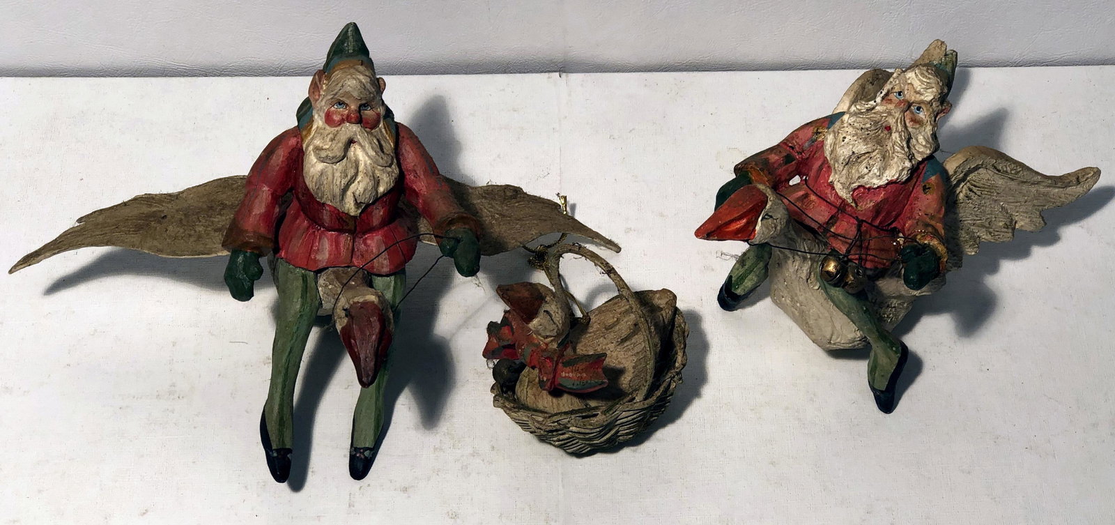 UNMARKED CHRISTMAS ORNAMENTS (3): (2) Elf on Flying Goose, (1) Goose in Basket; H-4"-6", G-VG