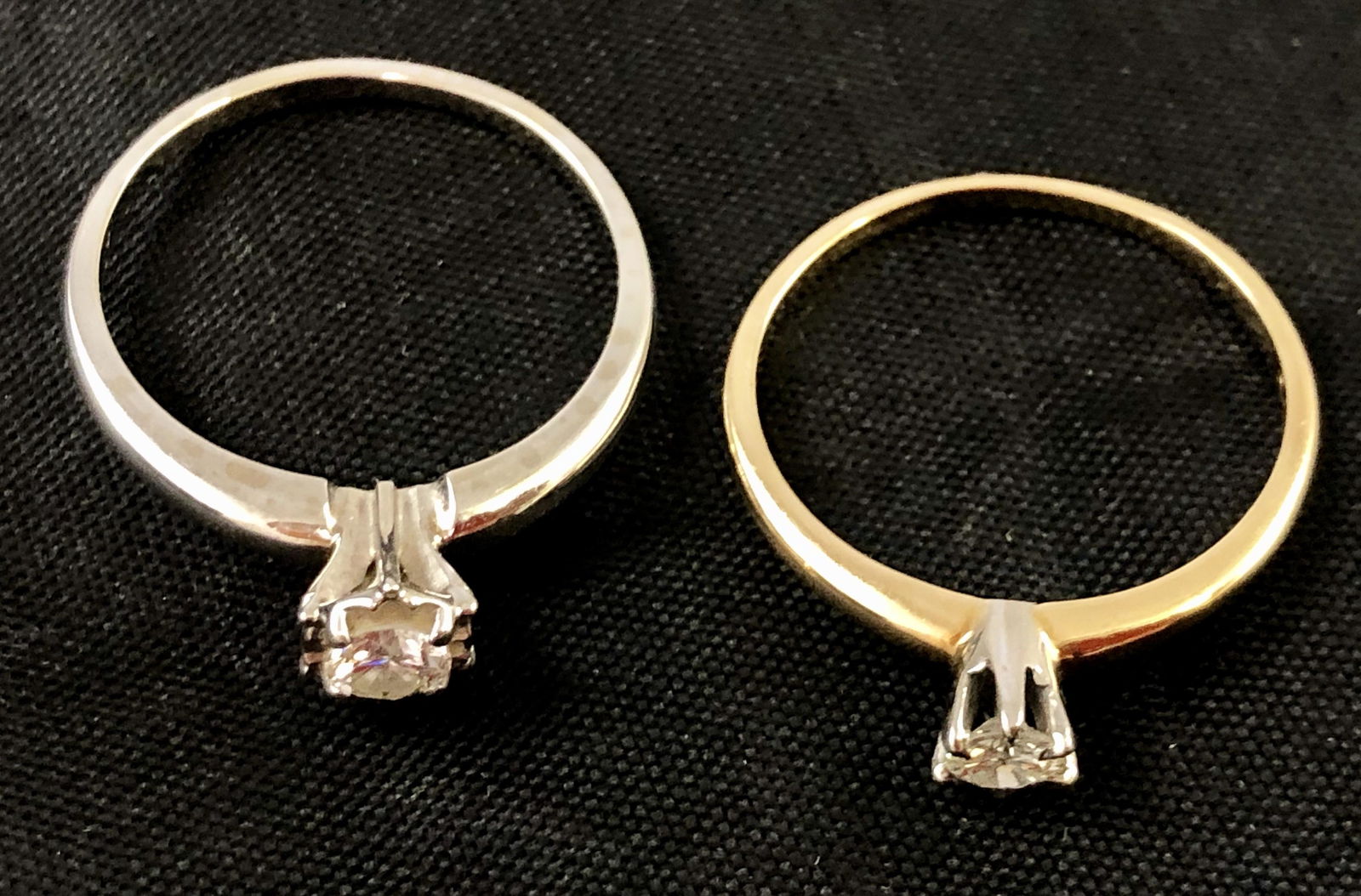 14K ENGAGEMENT RINGS (2): (1) 14K white gold with 1/3 ct. diamond; ring size 8 3/4, 1.81 dwt total; (1) 14k yellow gold ring with 1/4 carat +/- diamond, ring size 8 3/4, 1.19 dwt total