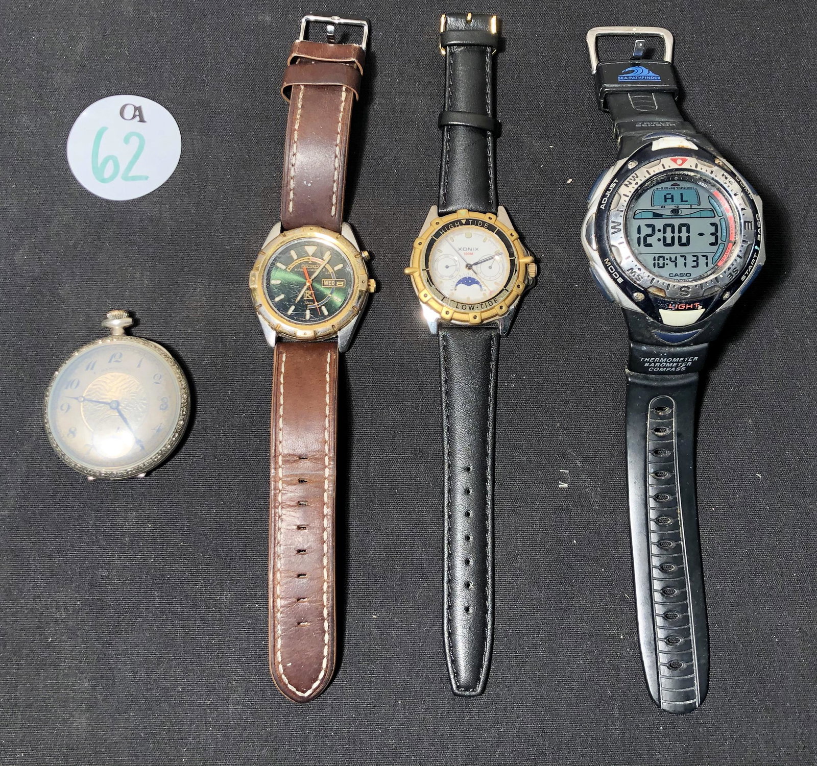 (4) WATCHES: Xonix, Casio, Seiko, Hamilton pocketwatch; L-9", G-VG