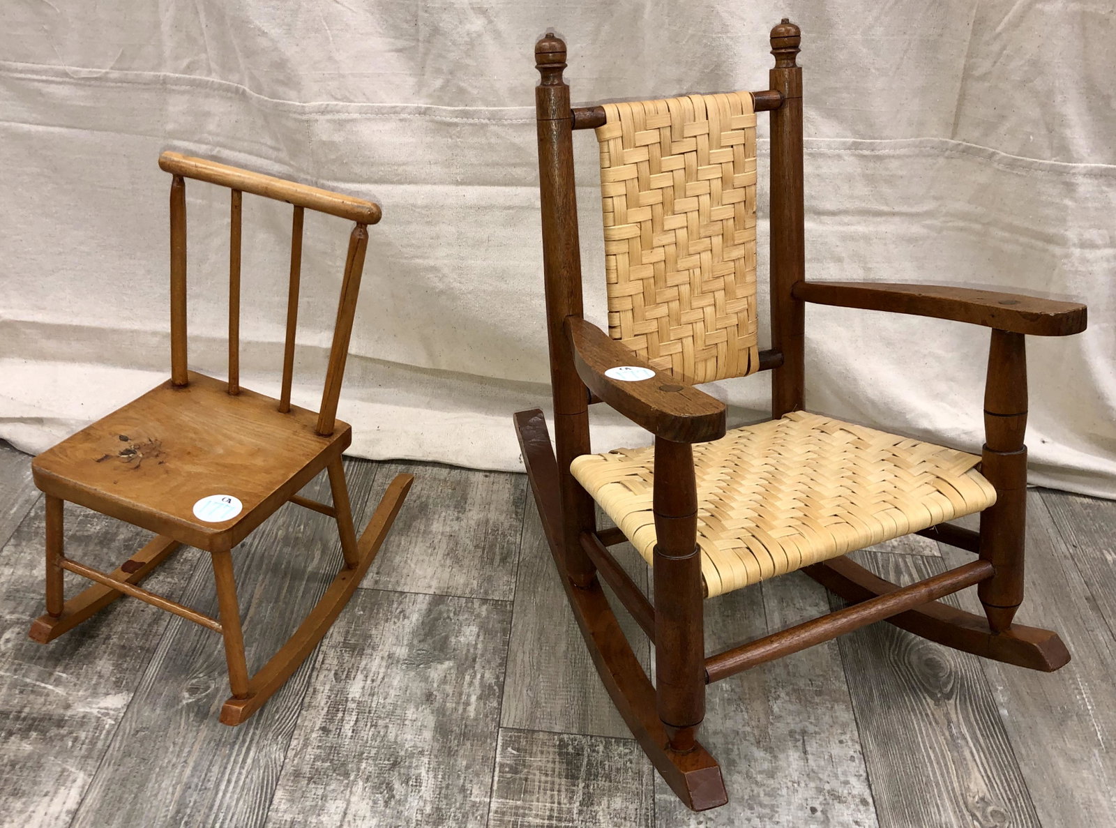 (2) CHILD SIZE ROCKING CHAIRS: (1) H-21", W-15 1/2"; (1) H-16 1/2" W-9", G-VG