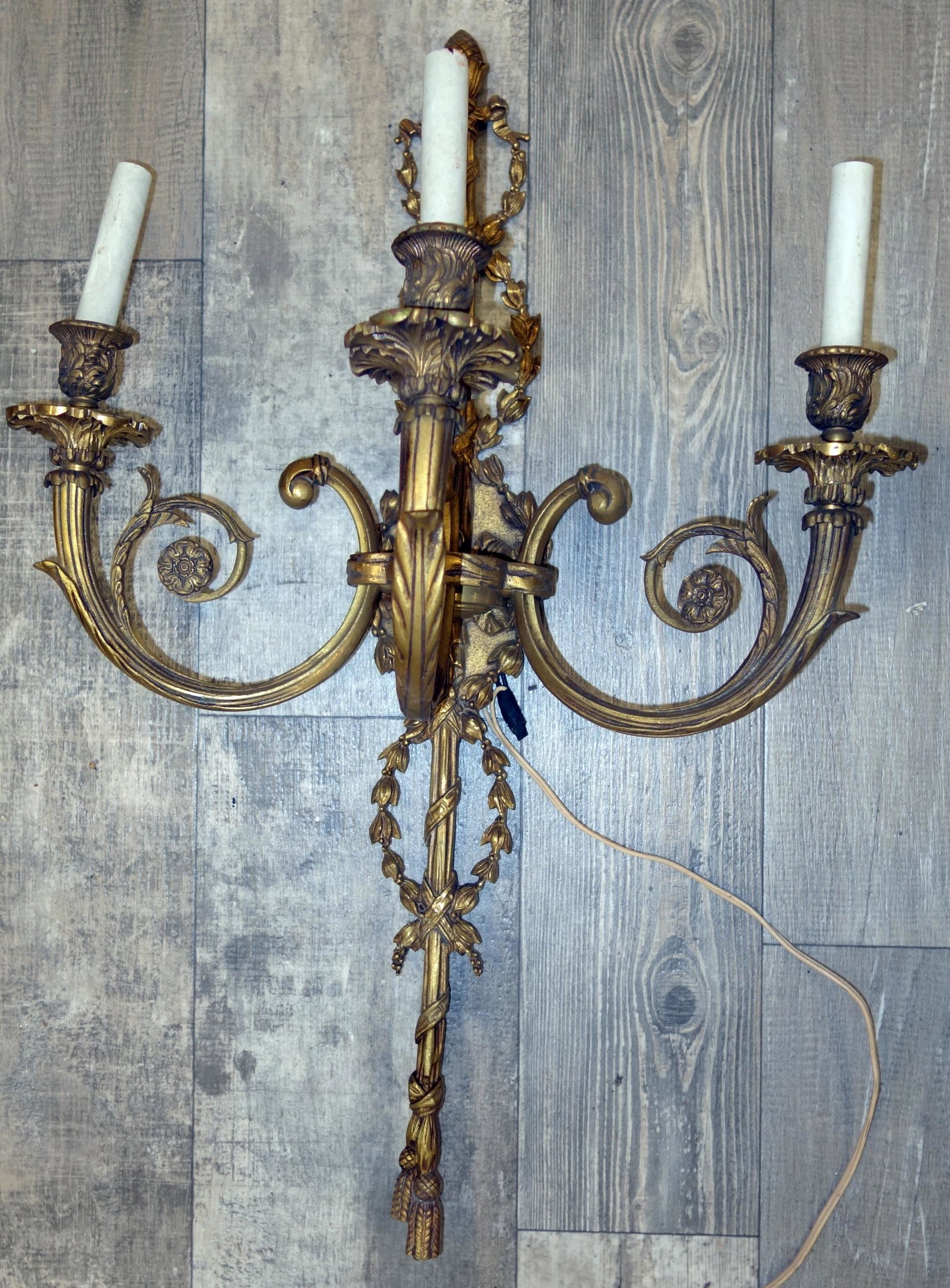 ORNATE WALL SCONCE: Metal and brass; normal wear; L-28", G-VG
