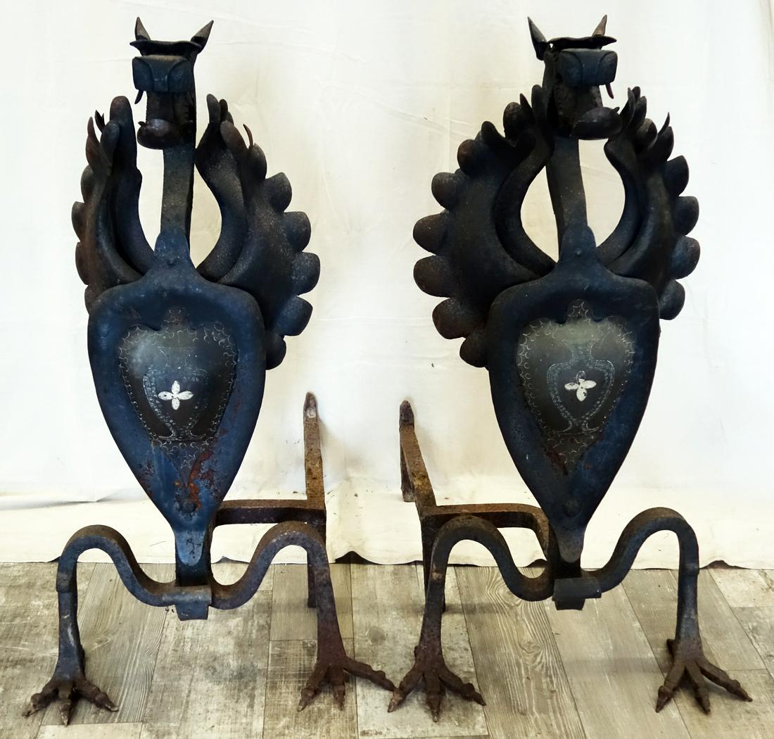 PAIR MONUMENTAL GRIFFIN ANDIRONS: Wrought iron and hammered steel; some rust and wear; H-40", G