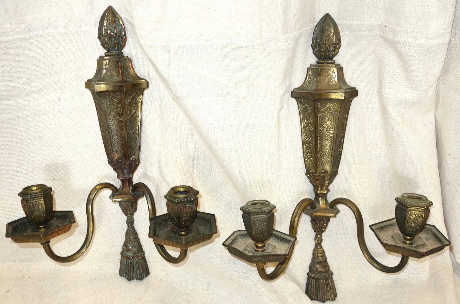 CALDWELL SCONCES (4): Brass plated; (1) broken tassel and some repair; wear; H-16", F