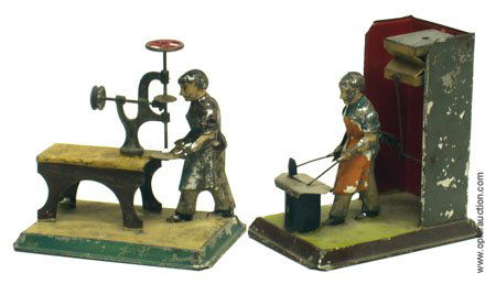 GERMAN TIN STEAM TOY: BLACKSMITH & DRILL PRESS: (2) GERMAN TIN STEAM TOYS - Painted tin, (1) black smith: has bellows that don't appear to whistle, (1) drill press; paint loss and chips; H-5", G