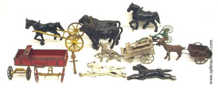 CAST IRON HORSES, OXEN, CARTS, PIECES & PARTS