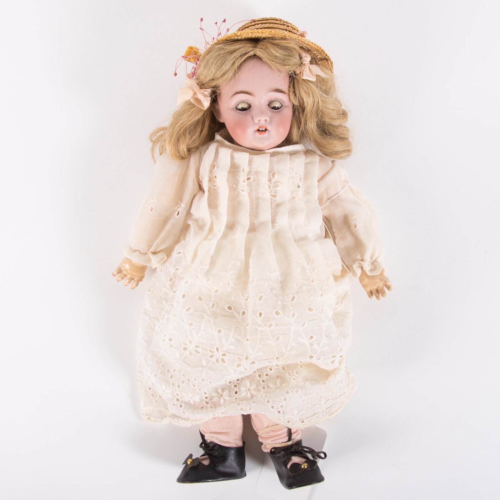 BISQUE HEAD DOLL: Kestner (?); jointed composition and wood body; stamped: "Germany 0 1/8"; back of head reads: "D - Made in Germany - 8 - 143"; sleep eyes; open mouth; normal wear; L-14", VG-EX