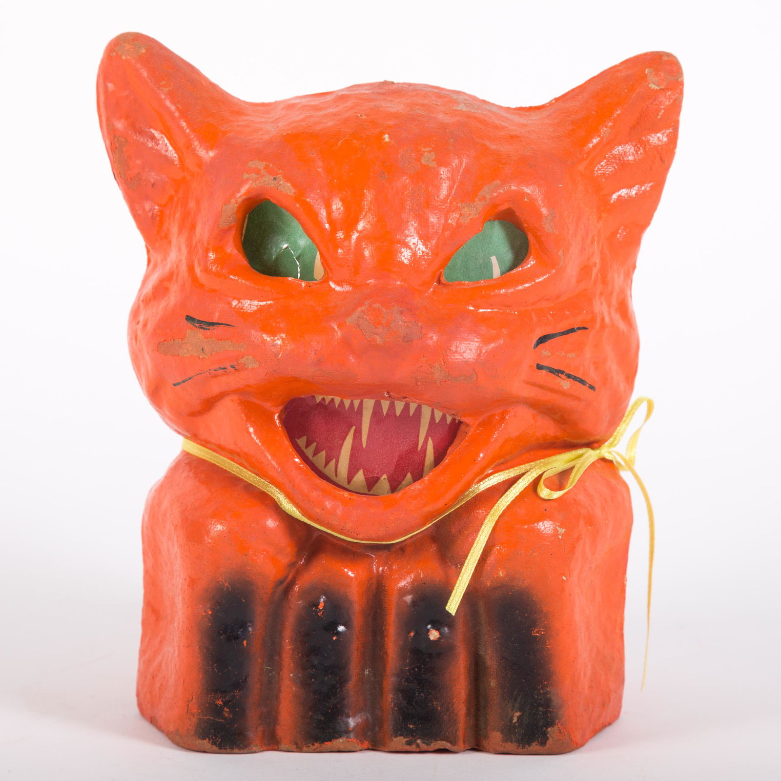 VINTAGE PAPIER MACHE CAT LANTERN: Painted egg carton material; overall minor paint loss; paper insert has minor tears with clear tape reinforcement; H-7 3/4", G-VG