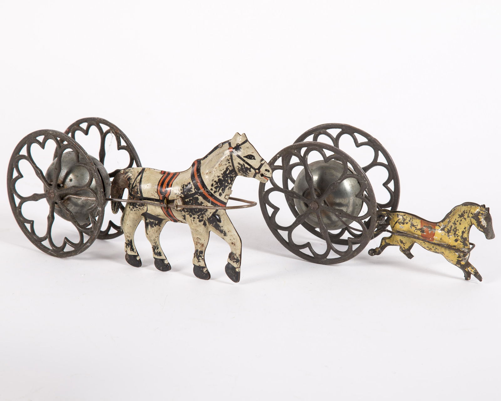 VINTAGE TIN LITHO BELL TOYS (2): Smaller bell toy has feet broken off of horse and body is very scratched; larger bell toy has paint loss on one side of tail and minor scratches; some metal discoloration; longest L-8 1/2", F-VG