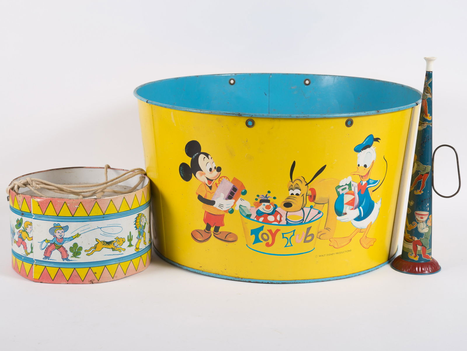 TIN LITHO TOYS (3): (1) Disney wash tub, missing handles; (1) T. Cohn Nursery Rhyme horn; (1) Chein cowboy drum, no sticks; minor rust, dents, fading; tape residue and scratches; largest Dia.-20", F-G