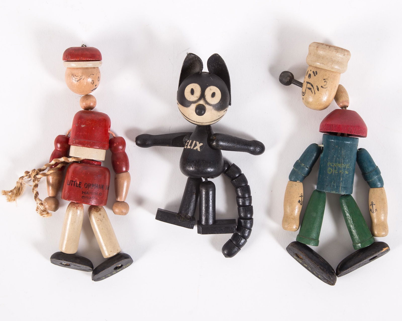 STRING TOYS (3): Little Orphan Annie, Popeye, Felix the Cat; wood; all are stamped; needs restringing; H-5 1/2", F-G