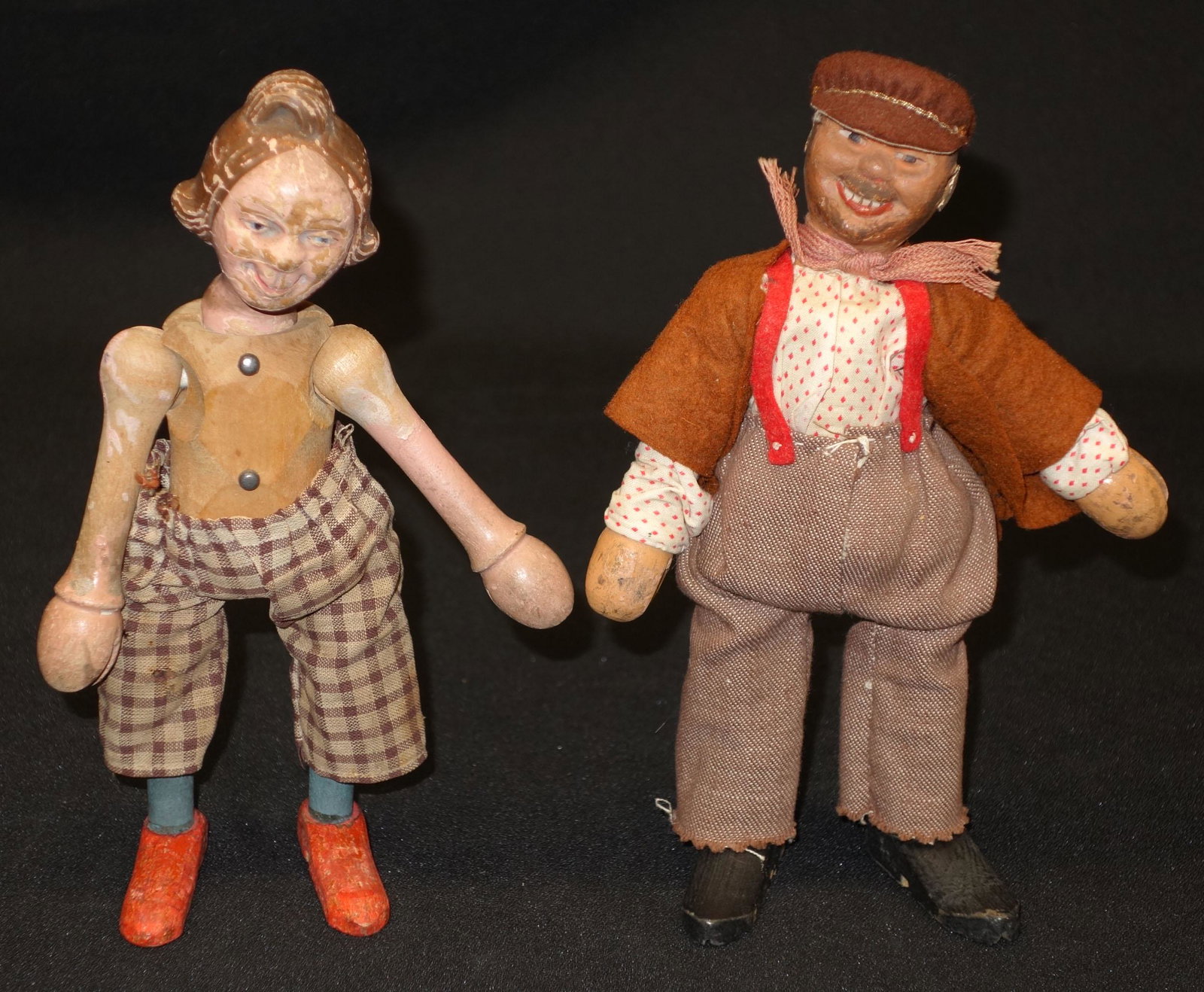 SCHOENHUT FIGURES (2): Painted wood, composition and cloth; (1) Moritz: wear to face, missing shirt; (1) male figure, wear; H-8", F-G