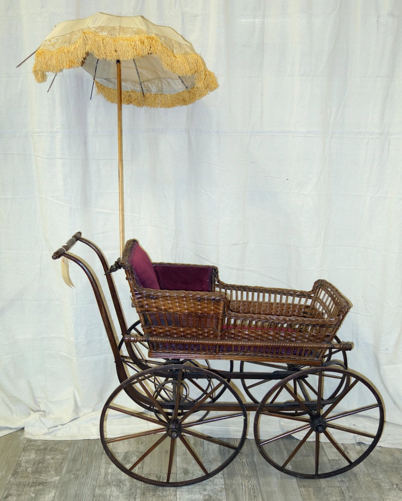 WAKEFIELD RATTAN VICTORIAN STROLLER: Restored; original metal Wakefield label on front; parisol may not be original; L-54", G-VG