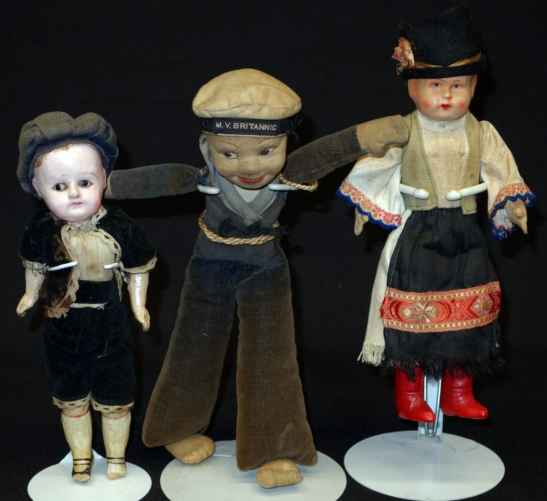 MALE DOLLS (3): Fabric, composition, papier mache heads; H-10", P-F