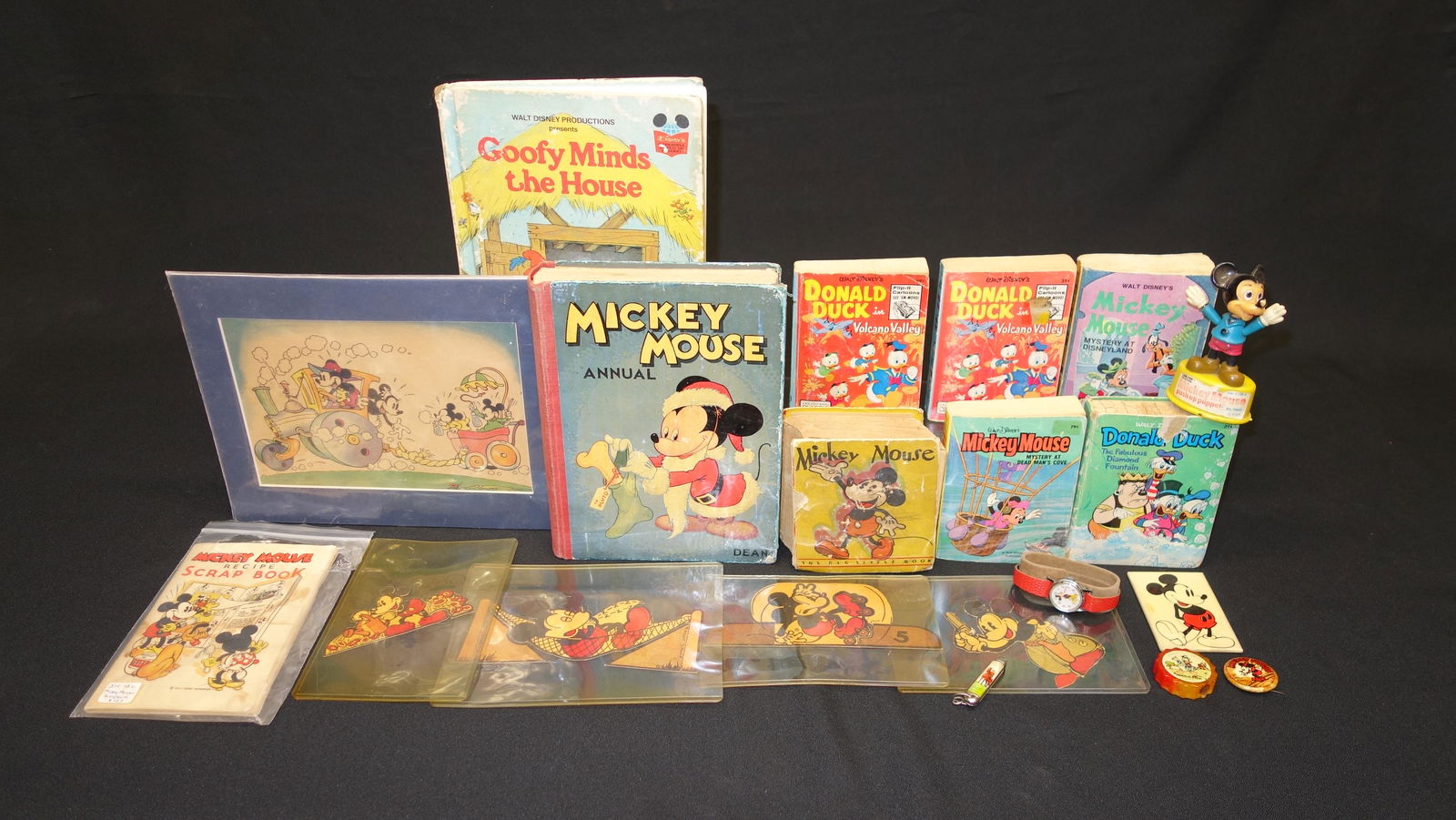 MICKEY MOUSE MEMORABILIA, ETC. (19) PIECES: Includes: watch, Big Little books, print; print H-8 1/2", P-VG