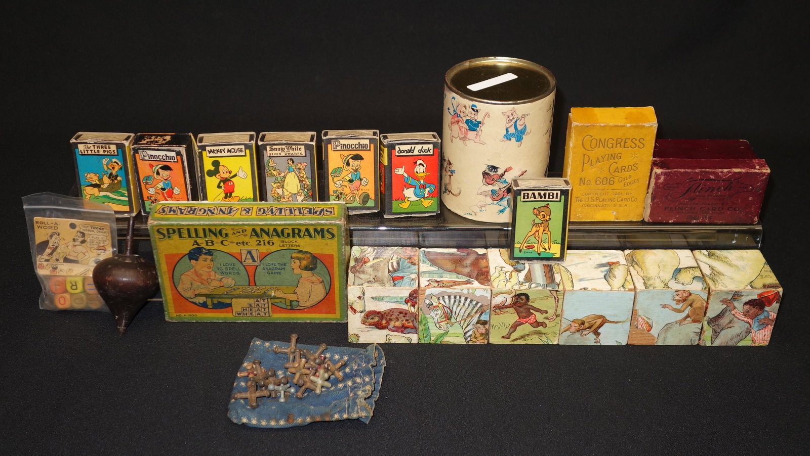 DISNEY CARDS, GAMES, ETC. (15): playing cards, vintage games; boxes and box labels show wear; H-4 1/2", F-G