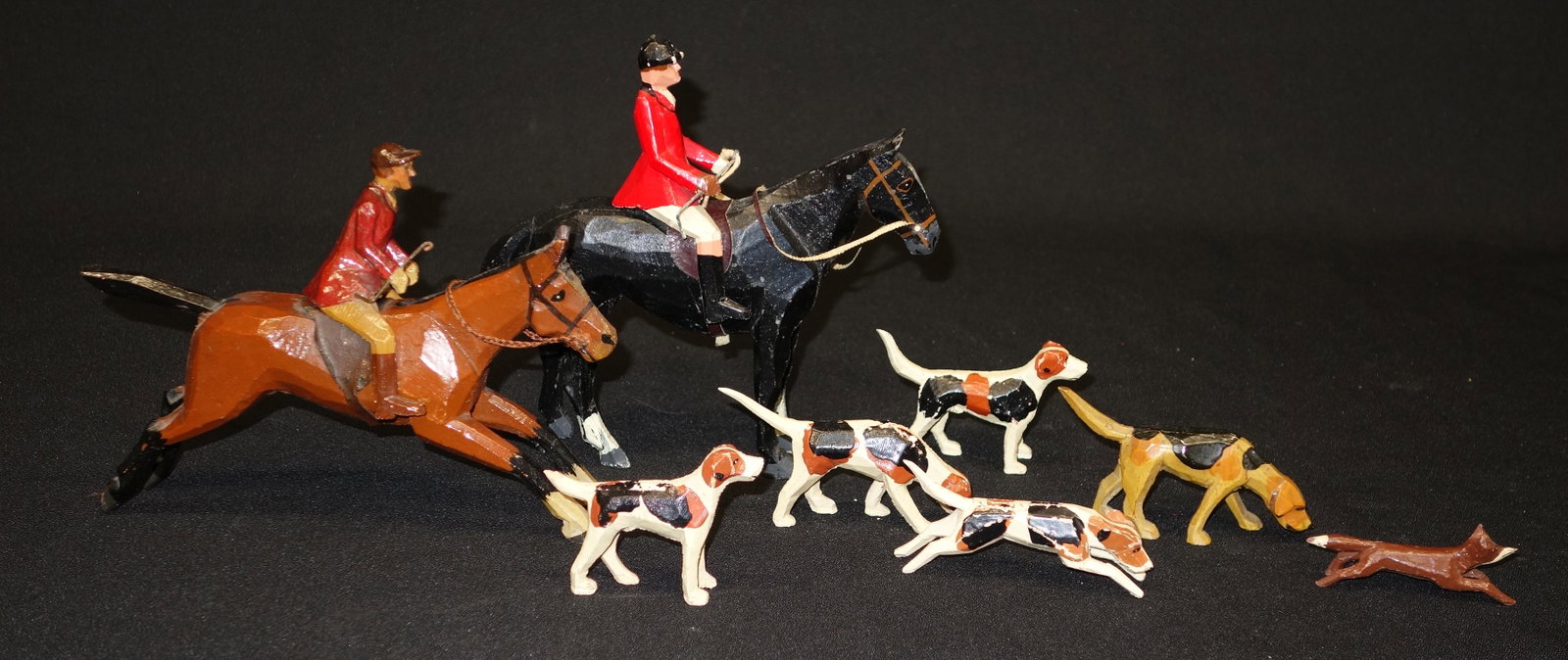 FOX HUNT FIGURES (10): Carved and painted wood; paint wear and chips; some paint and touch-up; H-7", F-G
