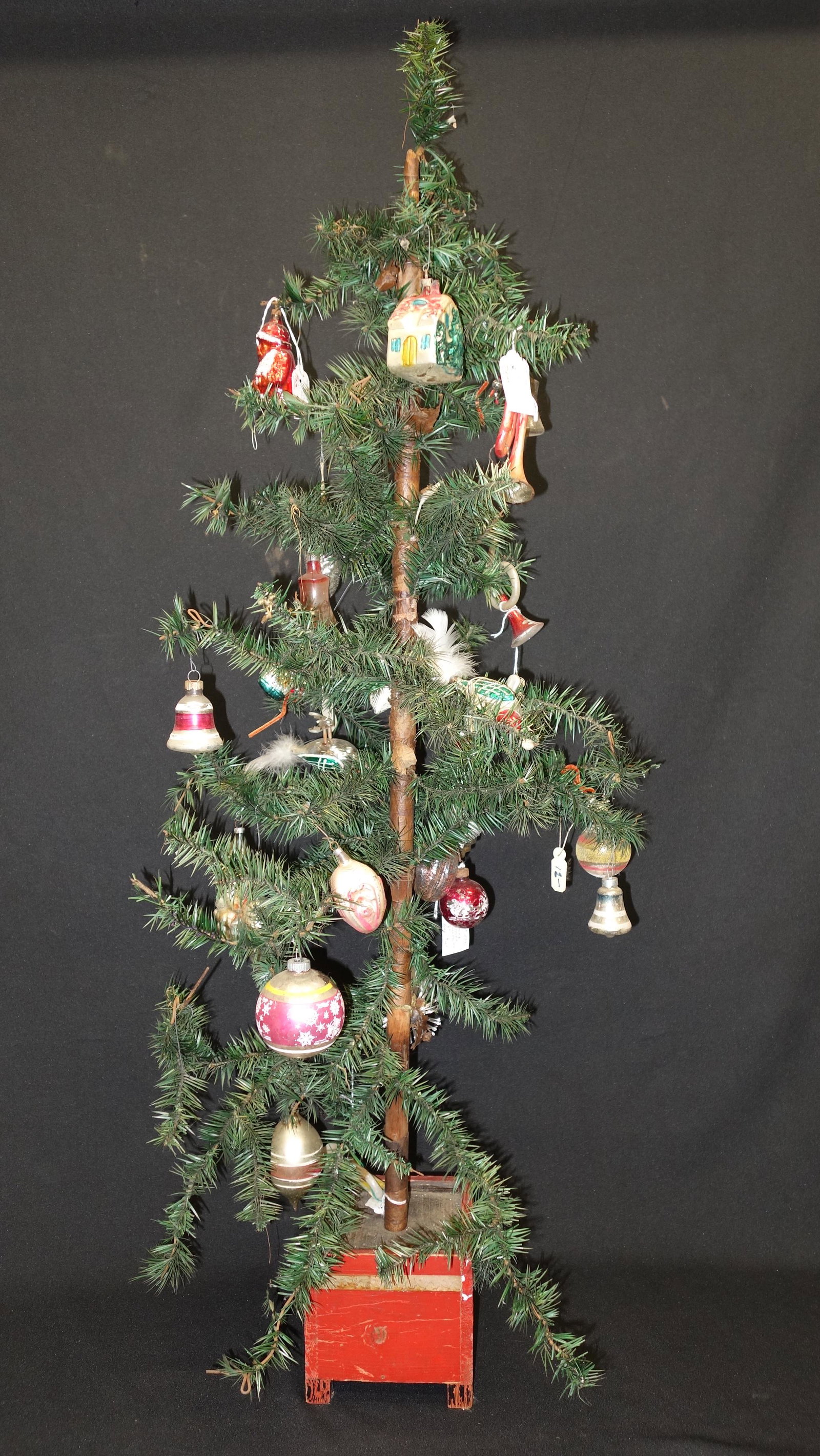 CHRISTMAS TREE with VINTAGE GLASS ORNAMENTS: H-45", F-VG