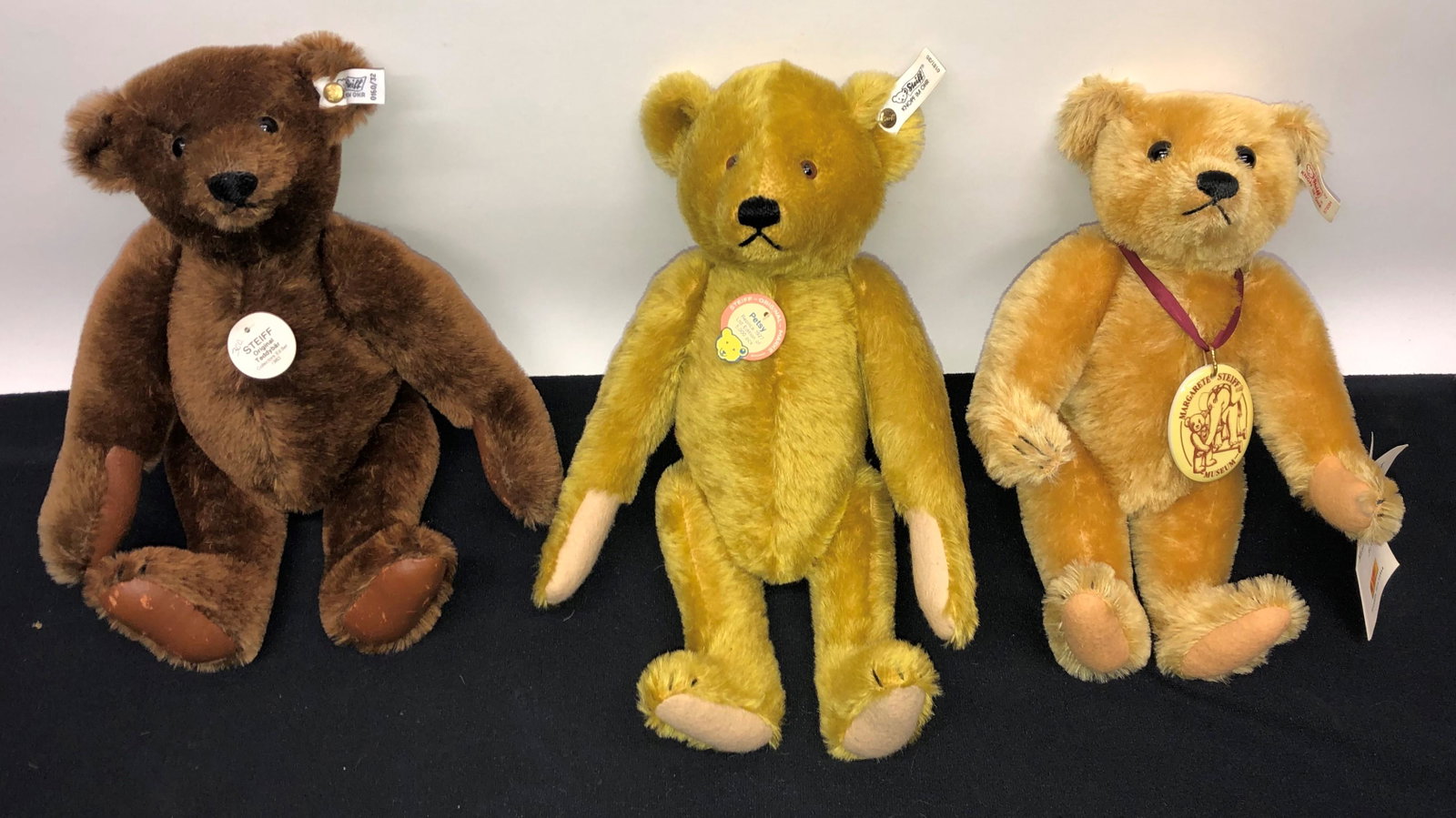 STEIFF BEARS (3): Ear button tags and other original tags; more wear on bottoms of paws; H-12"-13"; normal wear; G-VG