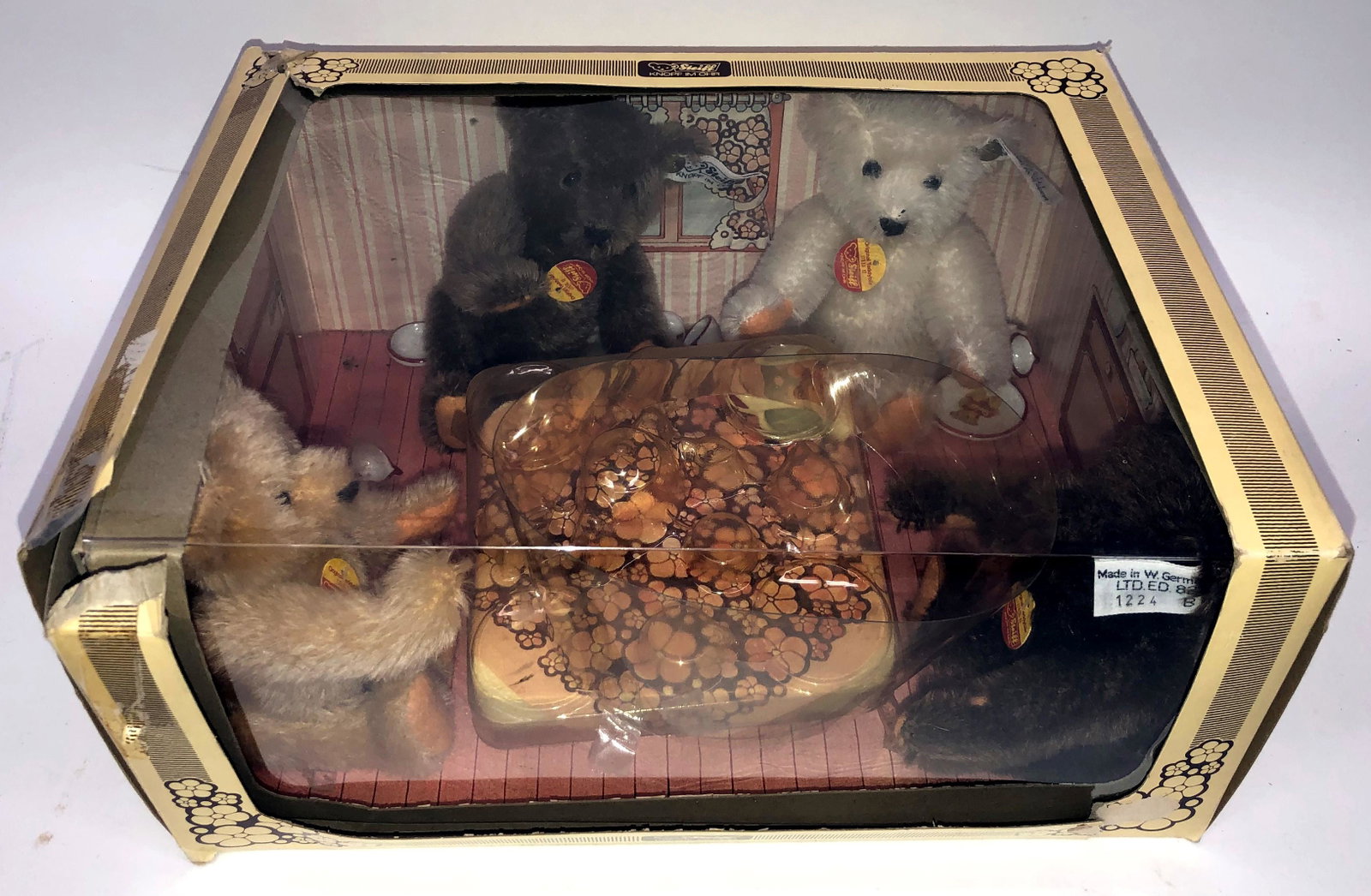 STEIFF TEDDY BEARS TEA PARTY: #1224; OB; contains (4) H-5" bears; box has damage; box dimensions- 5 1/4 x 12" x 9 1/4";normal wear; G-VG