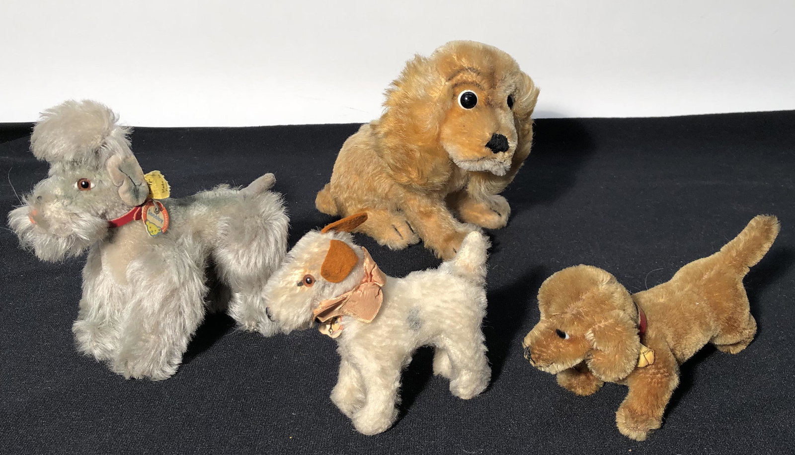 STEIFF DOGS (4): (3) Ear button tags; Spaniel; Poodle; Daschund; Fox Terrier; H-3"-7.5"; normal wear; G-VG