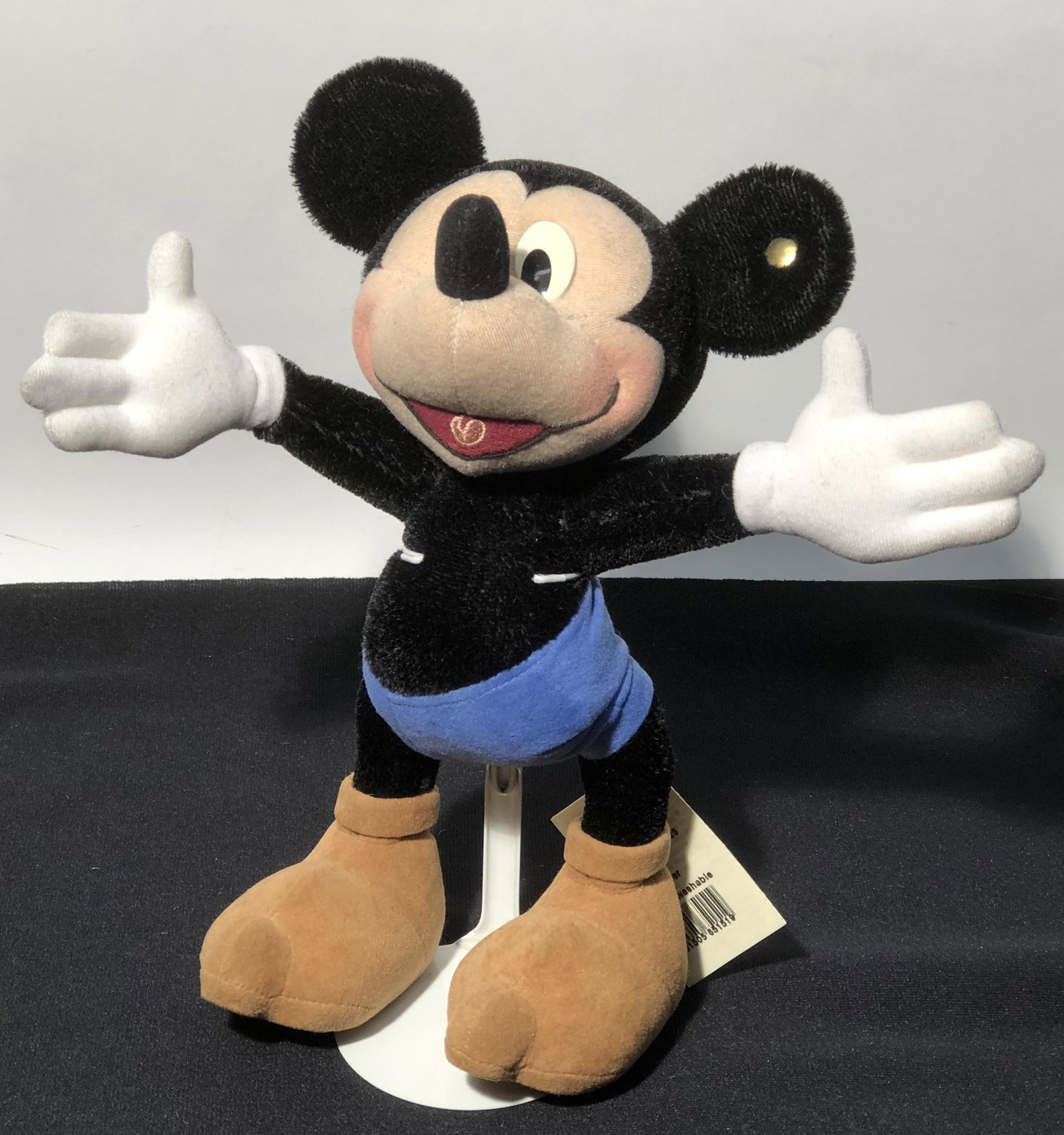 STEIFF MICKEY MOUSE: Ear button; care tag on leg; H-10"; normal wear; G-VG