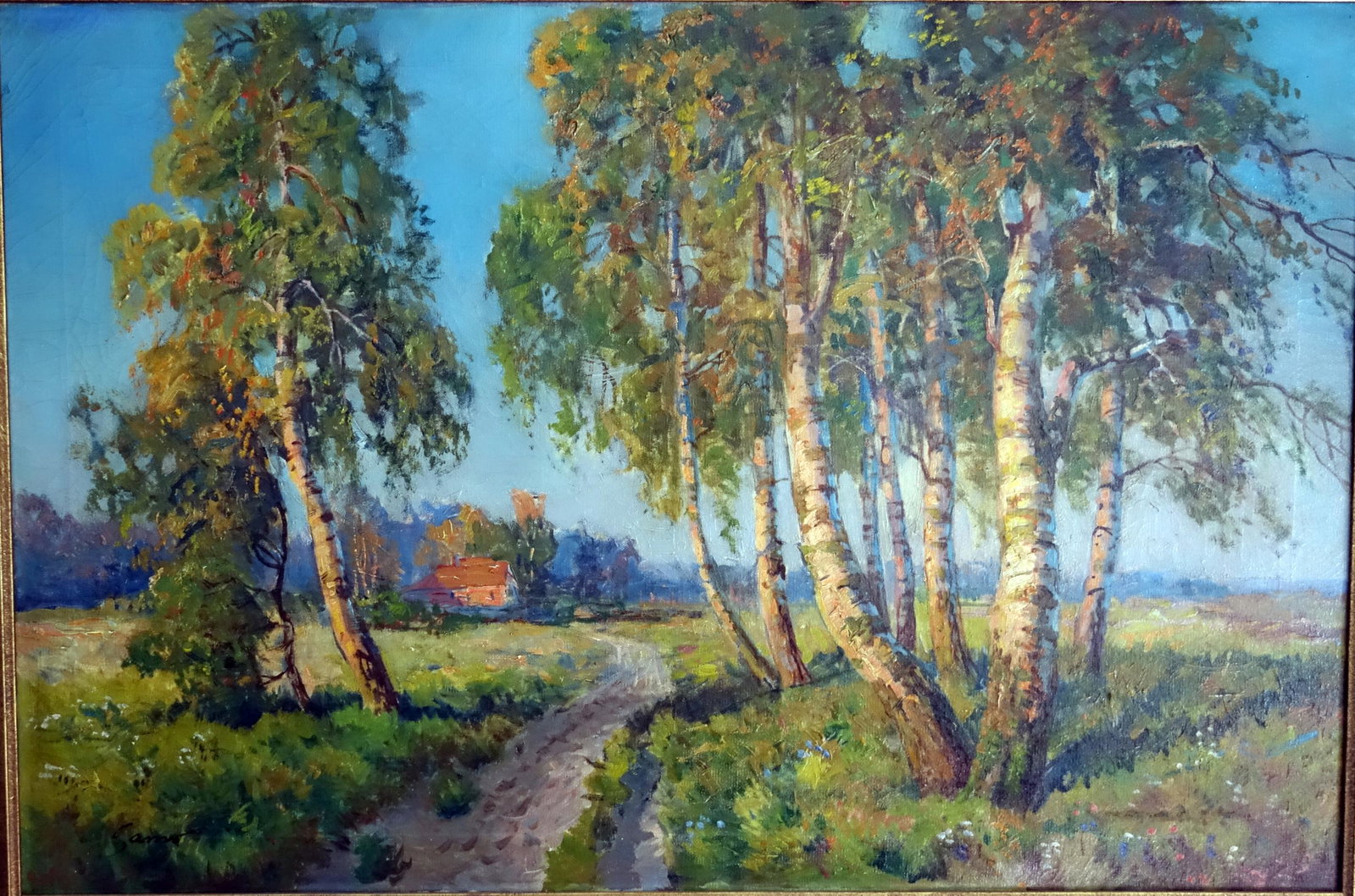 LANDSCAPE PAINTING.: Impressionistic Oil on Canvas of road, Birch trees, and house. Signed illegibly lower left. Framed 24x36. VG-EX