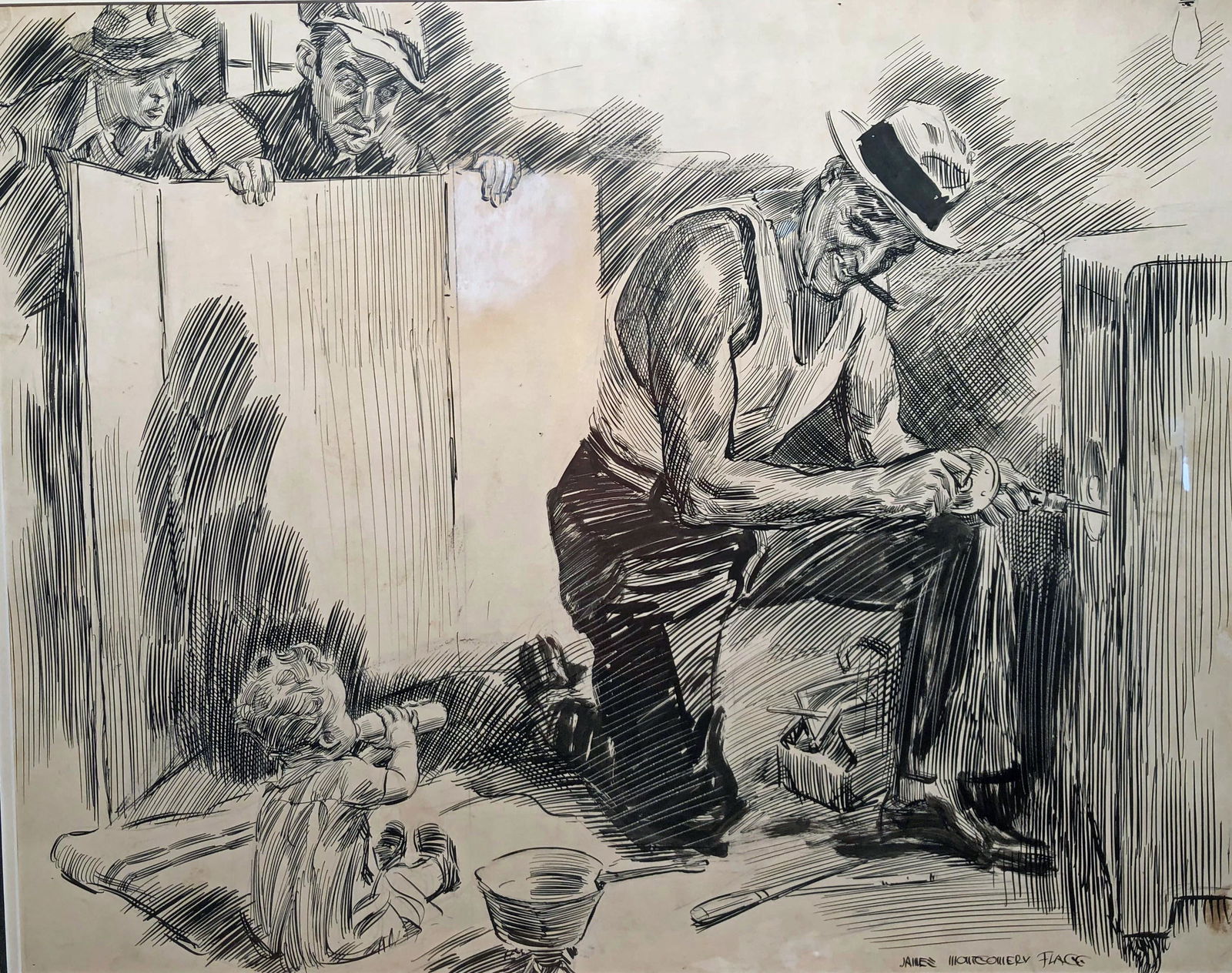 JAMES MONTGOMERY FLAGG ILLUSTRATION "SAFECRACKER: Mixed media; pen & ink, gouache. Signed lower right. Original in paint under accomplice hand. Framed & matted. H- 22' W- 28".