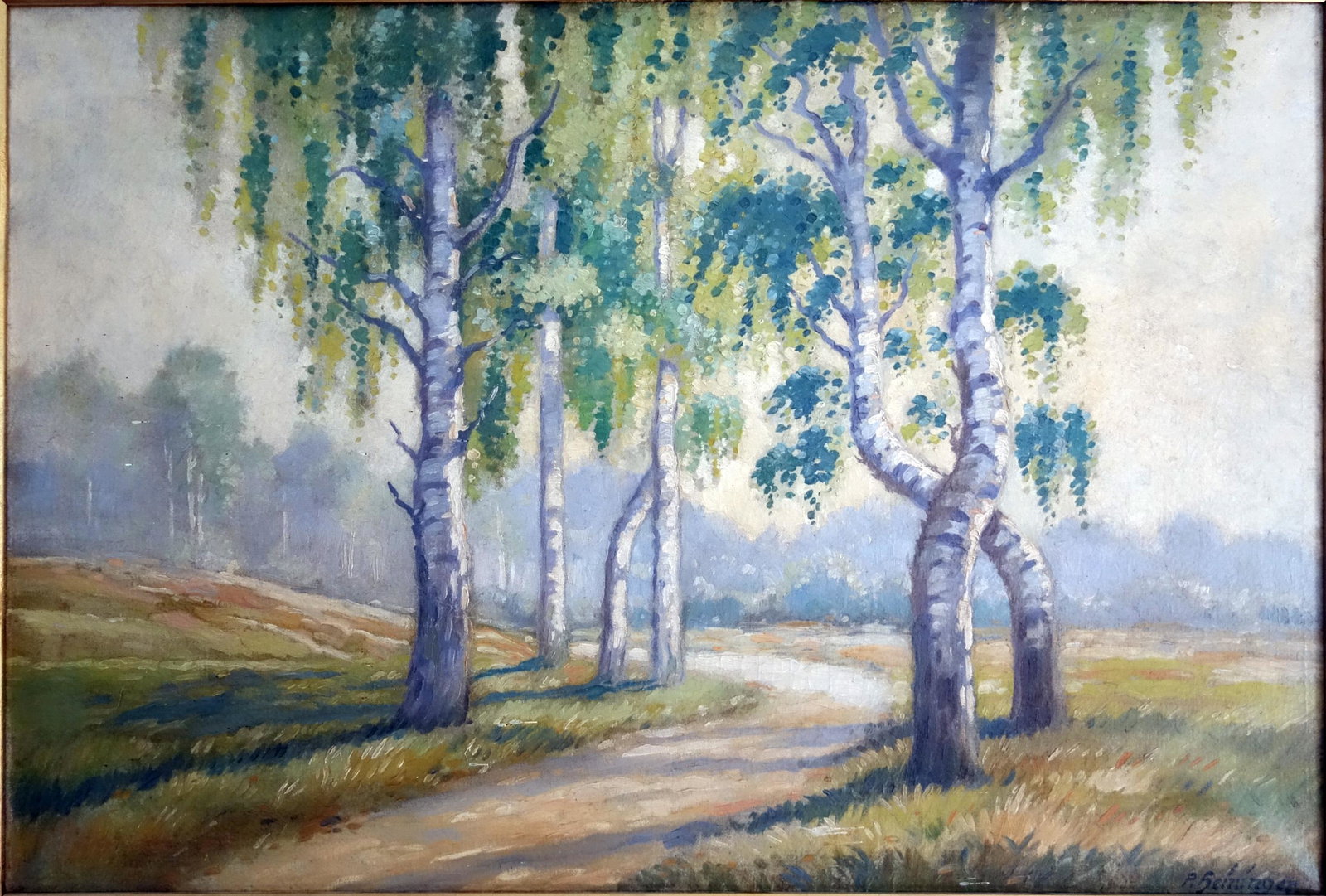P. HENINGER LANDSCAPE PAINTING: Oil on Canvas. Birch trees. Small reverse central patch. Framed. 25x37. G-VG