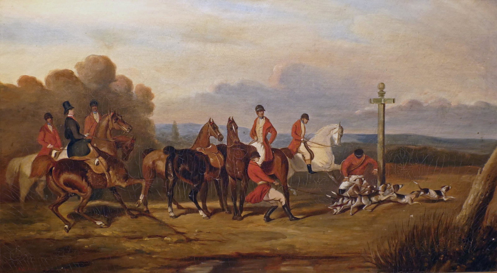 FOX HUNTING PAINTING: Hunt Scene with fox hounds. Signed illegible lower left. Oil on Canvas. Crazing. Small patch on reverse & touch of in paint. Framed H- 16.5" W- 29.5". G