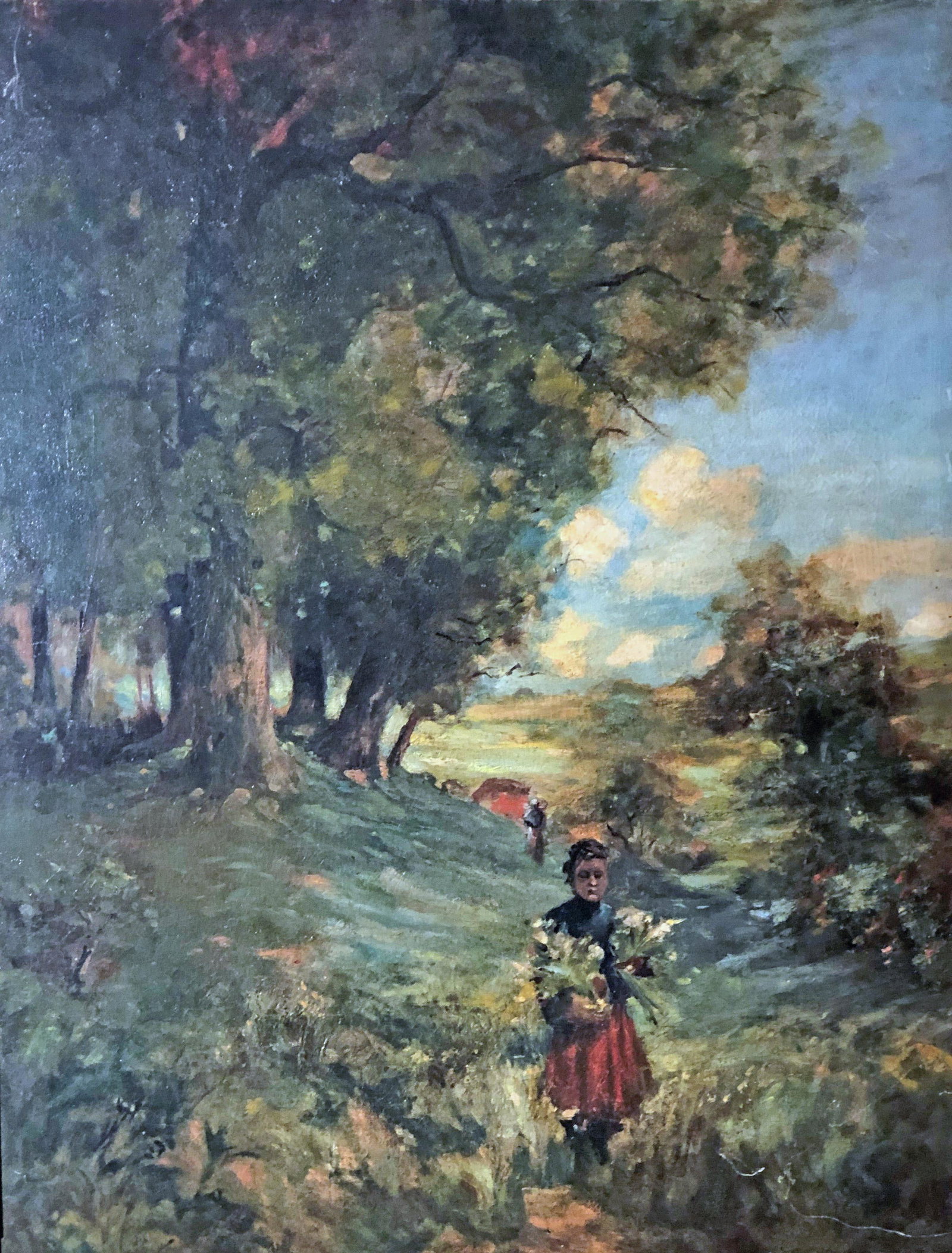SAMUEL O'COLLINS LANDSCAPE PAINTING: Large Girl with flowers. Oil on Canvas unsigned. Framed H- 43.5" W- 33.5" G-VG