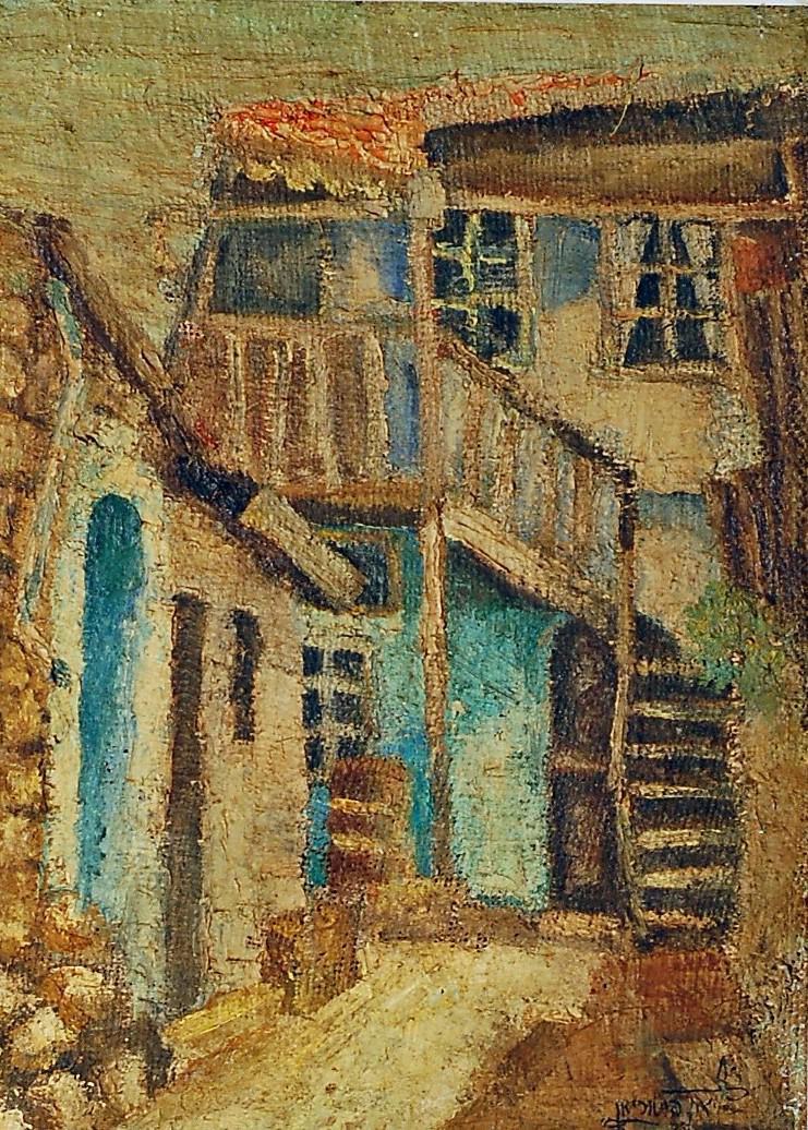 STREET SCENE PAINTING: Oil on burlap? Signed illegible. Needs cleaning. Framed/matted image. H-18.75" W- 13.5- G