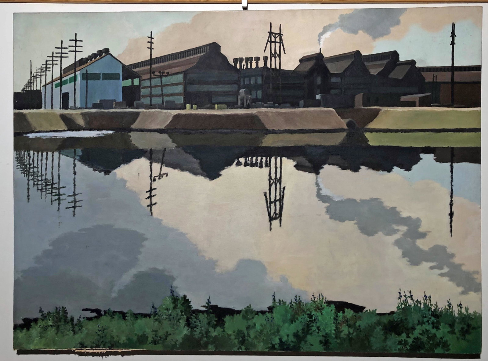 R. KARSTEN INDUSTRIAL PAINTING: Large oil on Canvas. Signed lower left (1967). Edge damage lower left. Un-framed H- 38" W- 52" VG