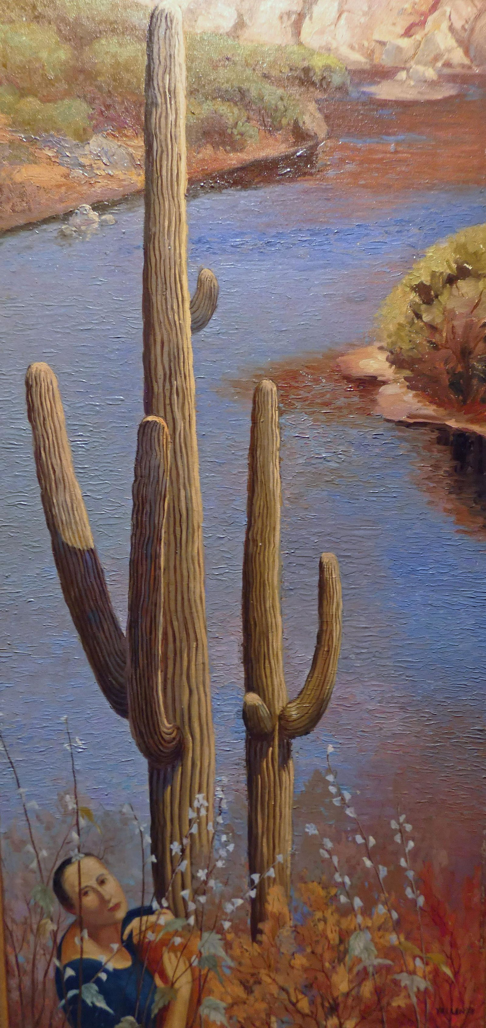 YELLENTI SOUTHWEST PAINTING: Lady with cactus, oil on masonite. Signed lower right. Framed H- 29.5" W- 14"
