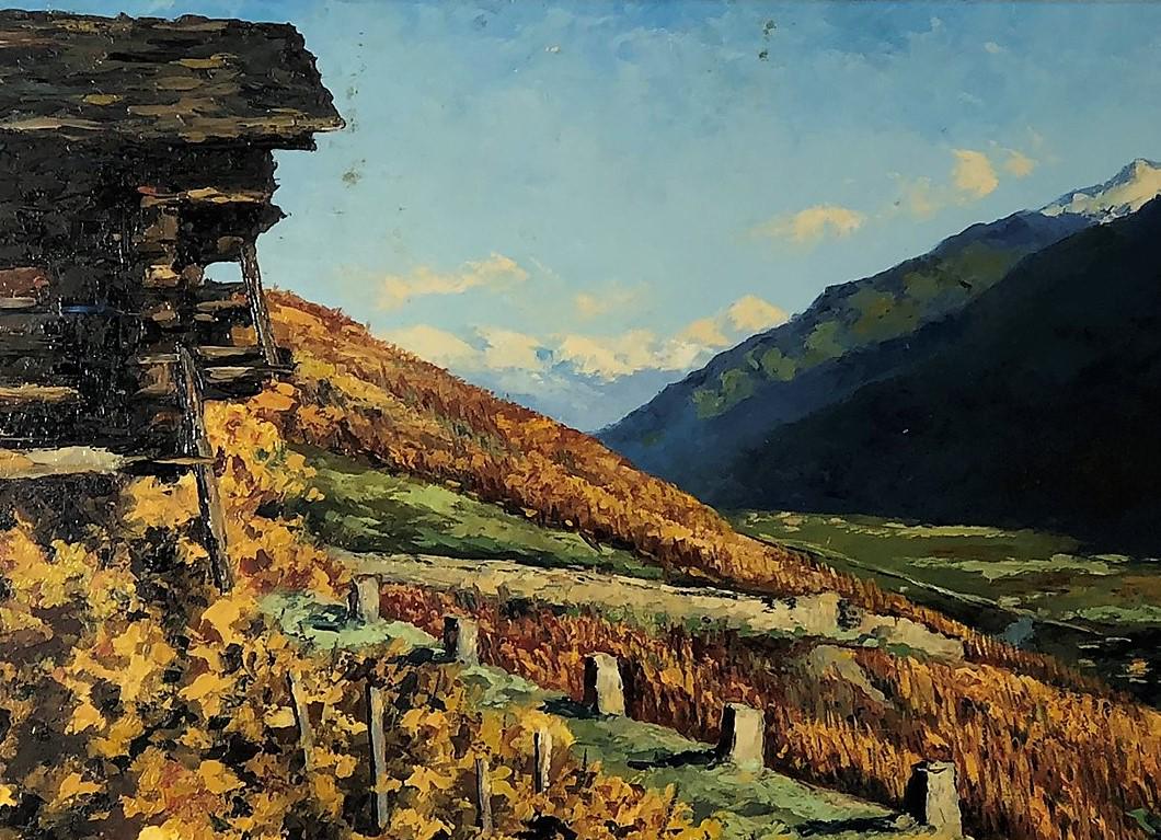 LAVAUX, SWITZERELAND PAINTING: Impressionistic landscape mountains and cottage. Acrylic? On Masonite unsigned. Framed and matted image H- 11" W-15.25" G-VG