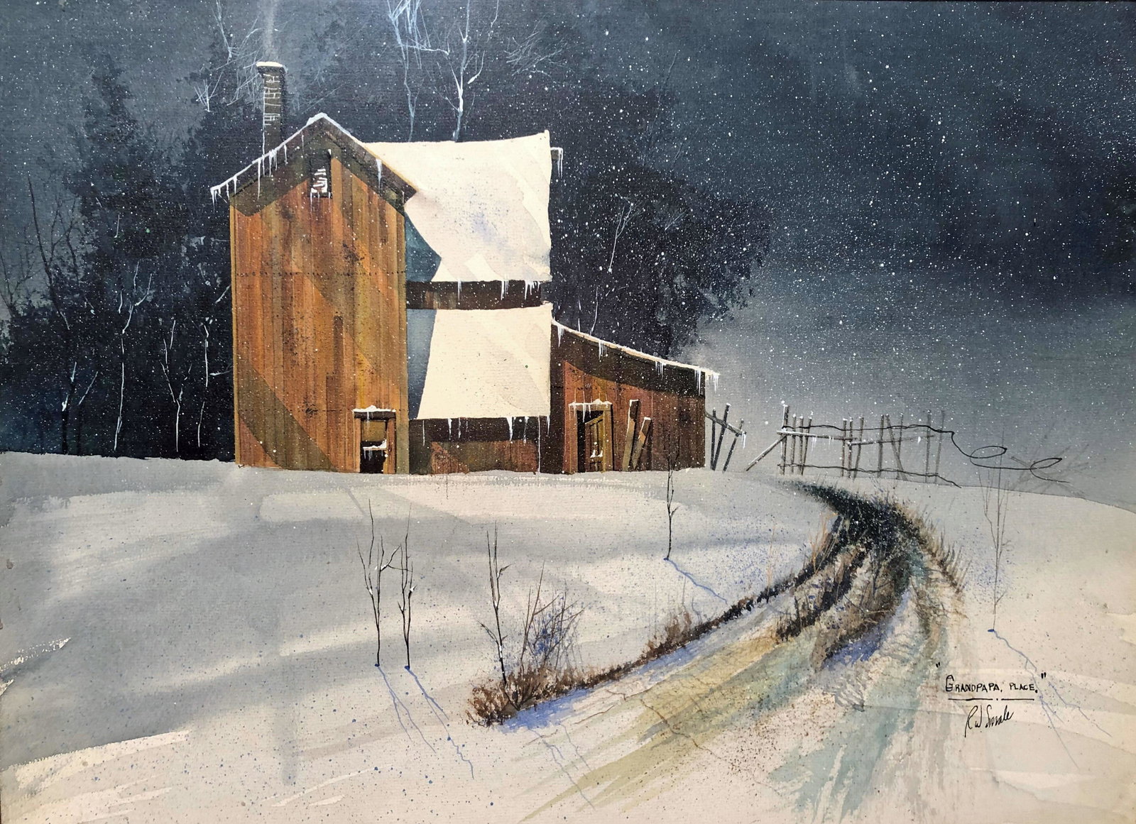 R.W. SWALE SNOWSCENE WATERCOLOR "GRAND PA PA PLACE": Barn in snow. Signed lower right, Framed VG-EX