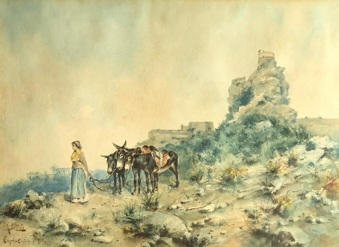 ARNALDO DELISIO WATERCOLOR "CAPRI CASTELLO DI TIBERIO": Woman with Burro watercolor signed A de Lisio; Some toning. Framed and matted image H-15.5" W-20.5" G