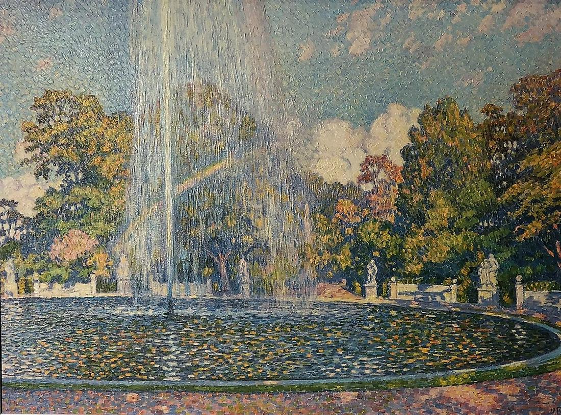 POINTILISM LANDSCAPE PAINTING.: Copy of painting by Theo Van Rysselberghe,"Fountain at San Souci", artagraph edition. Oil on canvas, signed VR (19 VR??). Framed and matted image H-17.25" W-23" Vg-EX