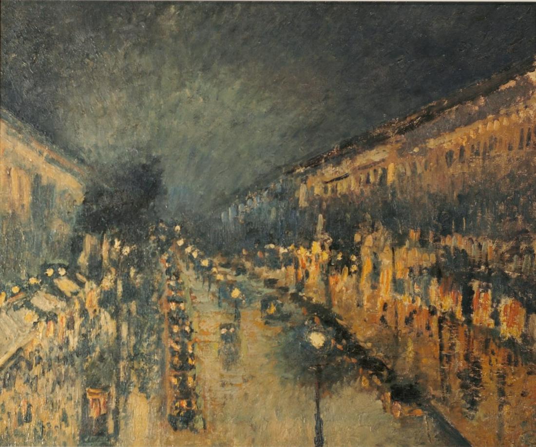 COPY OF C.J. PISSARRO"THE BOULEVARD MONTMARTE AT NIGHT": Artagraph edition. Copy of copy of C.J. Pissarro; framed and matted image H-21" W-25" VG-EX